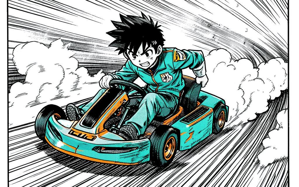 Ilustración manga shonen de un piloto derrapando en un kart a toda velocidad