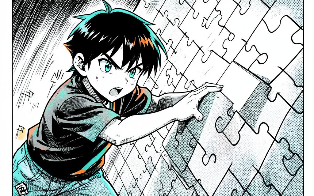 Ilustración manga shonen de un adolescente colocando una pieza gigante en un muro de puzle