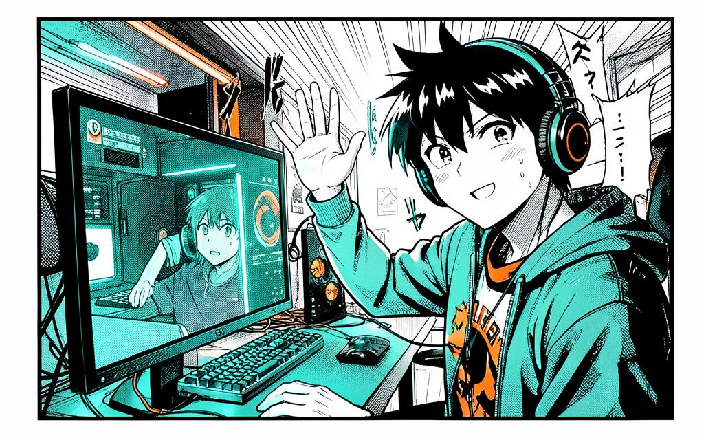 Ilustración manga shonen de un streamer con audífonos saludando frente a su setup